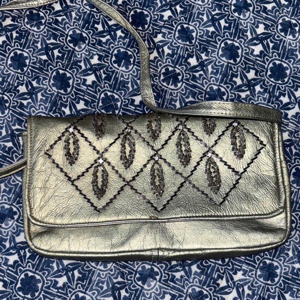 Vintage Walborg Leather Silver Clutch with Beaded Accents